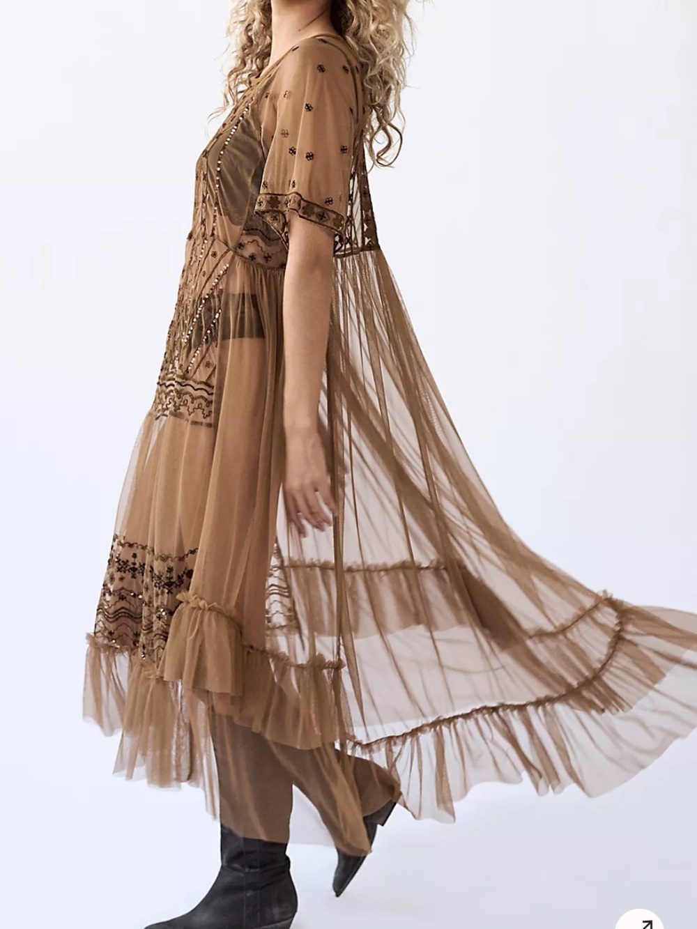 Free People Sheer Embroidered Sabrina maxi top ruffle hem